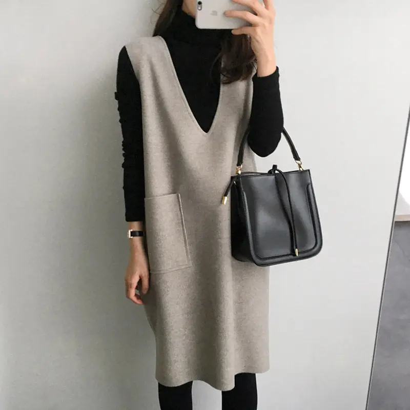 Woman Clothes Autumn Outfit Suits Fashion Winter Long Loose Two-piece Sweater Woolen Sundress Big Size Vest Set f1499