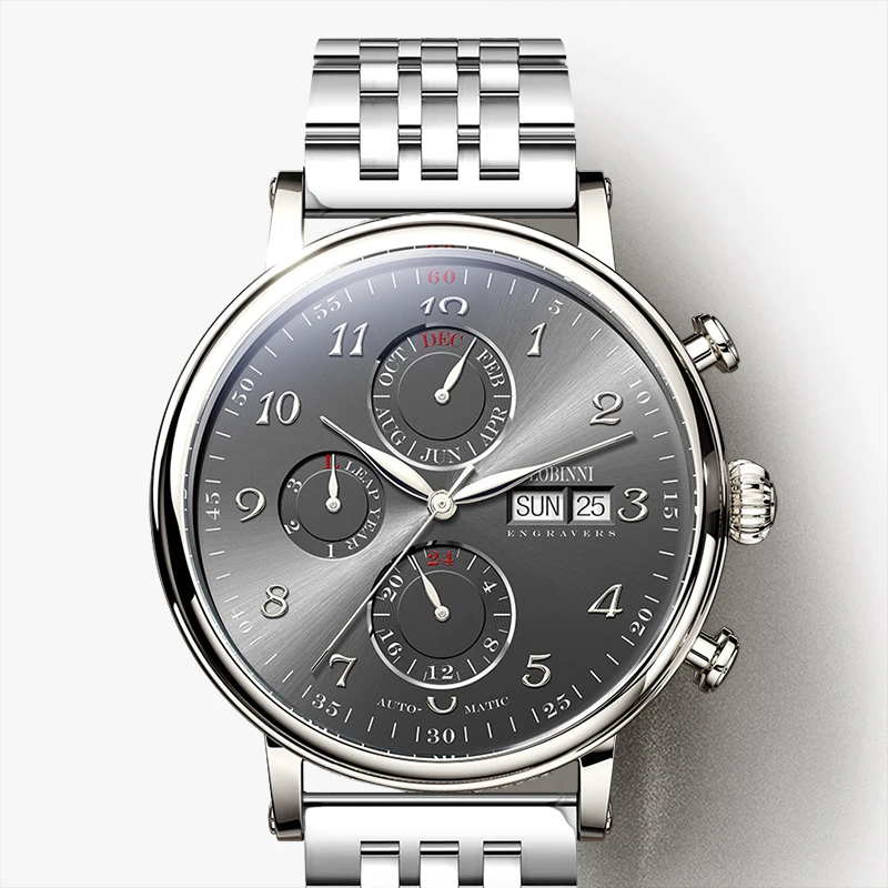 LOBINNI Top Brand Mens Dress Mechanical Watch 316L Stainless Steel Automatic Watches Sapphire Glass Multifunctinction Wristwatch