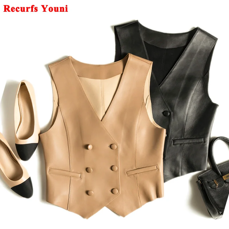 Classic Ropas Mujer Women Real Leather Double-Breasted V-neck Vest British Elegant Handsome Knight Style Gilet Female Waistcoat