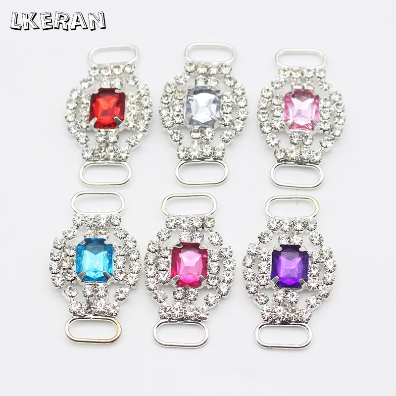 LKERAN 10Pcs 20*34mm Fashion Crystal Buckles Rhinestone Bikini Connector Ribbon Clothing Buckle