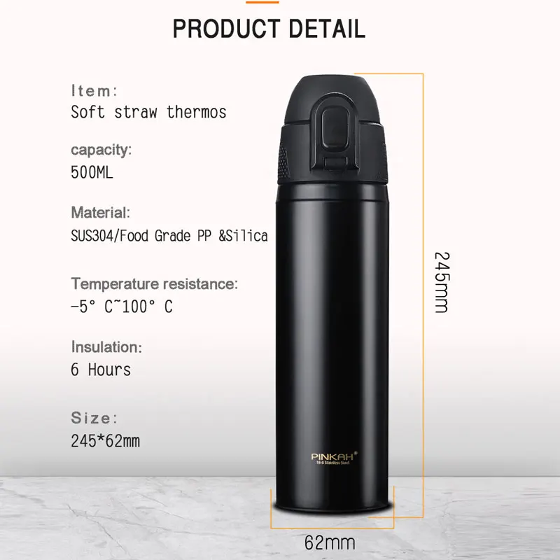 PINKAH NEW 500ML Thermos Adult 304 Stainless Steel Vacuum Flask Straw Thermocup Water Bottle Portable With Cupset Insulation Cup