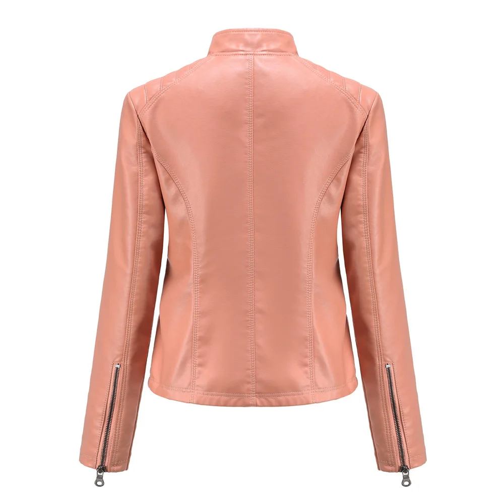 Spring New Casual Women Leather Jacket Stand Collar Slim Fit Short PU Leather Coat Solid Classic Female Outerwear