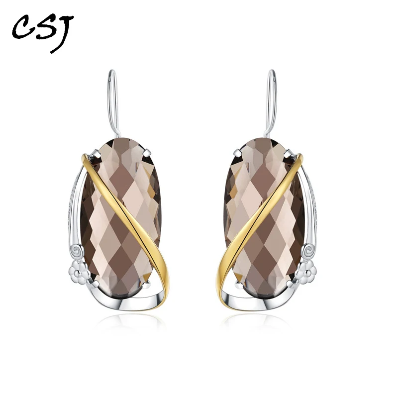 

CSJ Natural Smoky Quartz Earrings 925 Sterling Sliver Coffee Drop Earrings For Women Lady Mother Party Gift Box