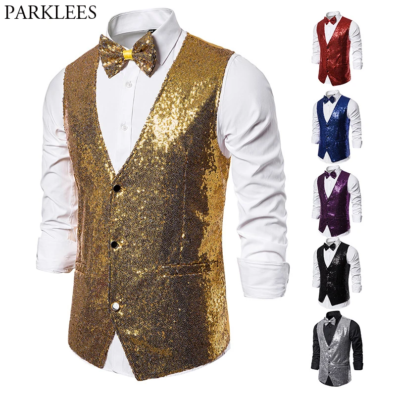 Shiny Gold Sequin Fonkelende Vest Mannen Slim Fit V-hals 2 Stuks Heren Vest met Bowtie Wedding Party Stage Prom kostuum Gilet