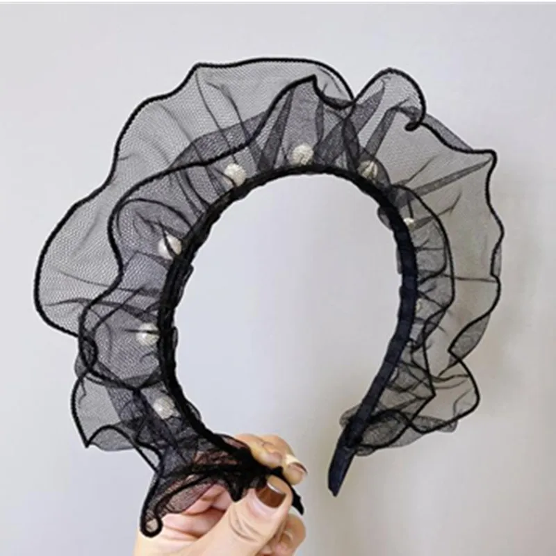 

Exaggerated Lace Headband Fashion Show Hair Accessories Hair Hoop Black Mesh Hairband Pearls Adults Party Hair Ornament