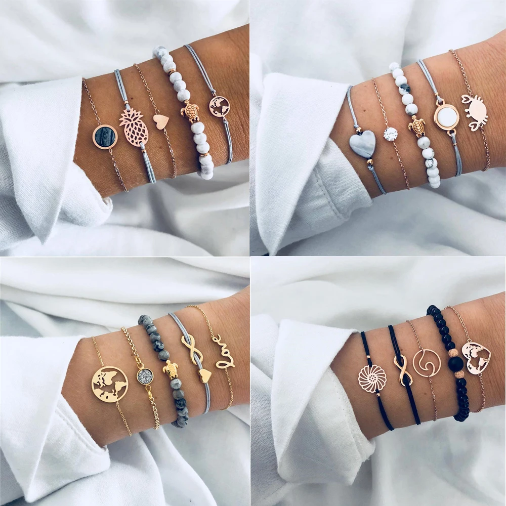 2021 New Bohemian Fashion Snake Bracelet Set For Women Natural Stone Tassel Pendant Bangles Boho Bracelet Femme Jewelry