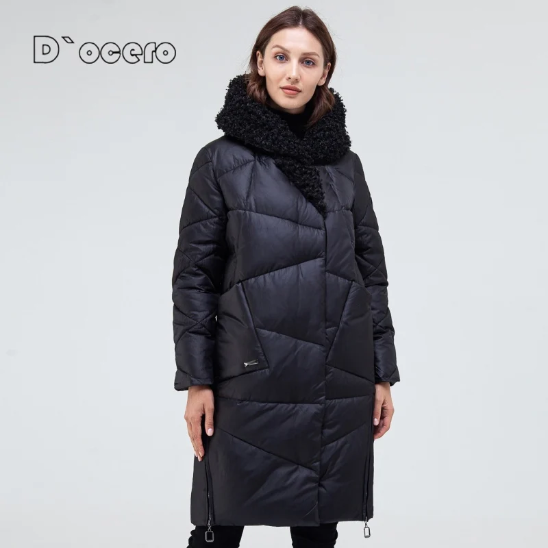 D`OCERO 2022 Winter Down Jacket Women Faux Fur Teddy Long Warm Windproof Quilted Coat Large Size Femme Outerwear Hooded Parka