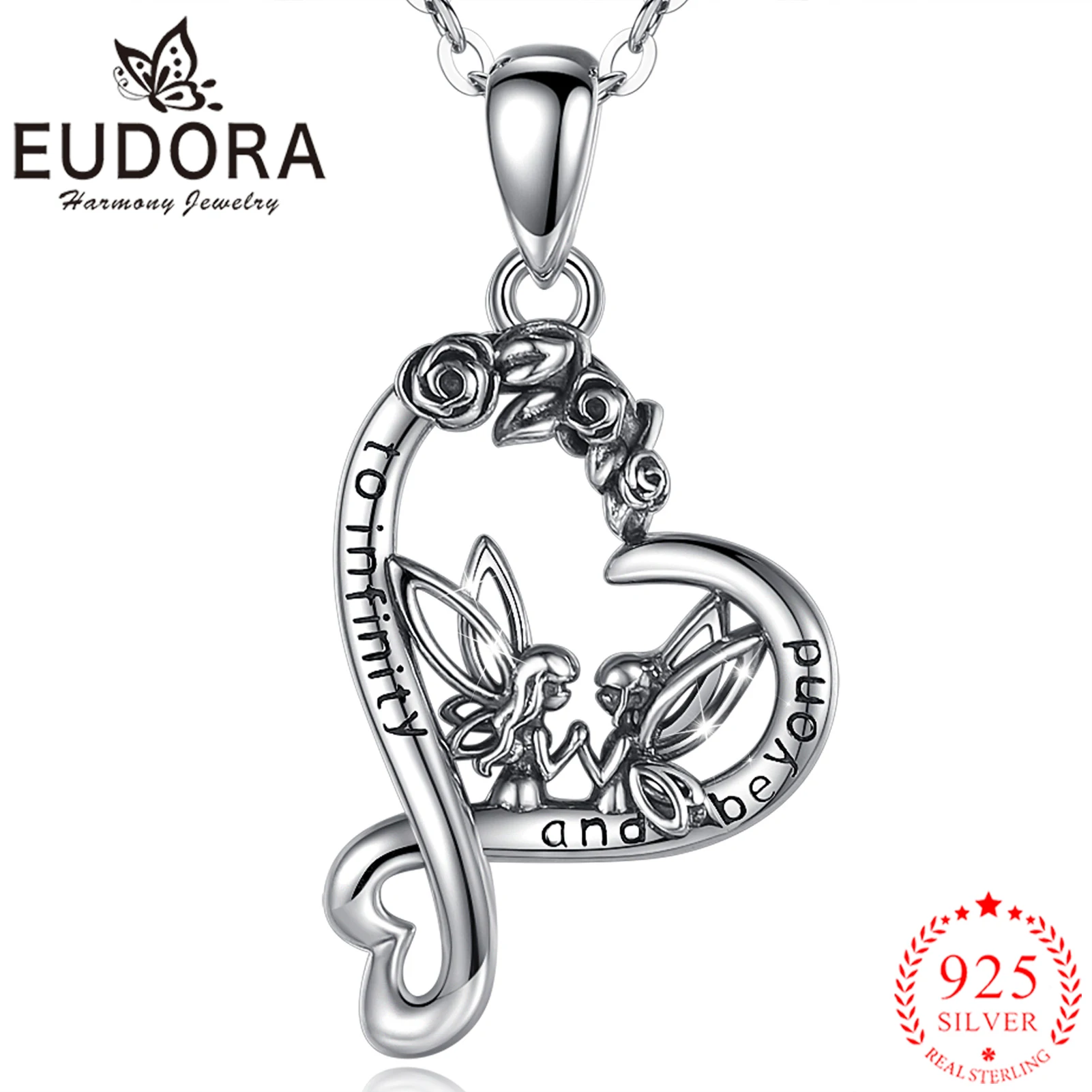 EUDORA 925 Sterling Silver Angel Girl Rose Heart Necklace Forever Sister Hold Hand Pendant Gift for Women Friendship Cyd651