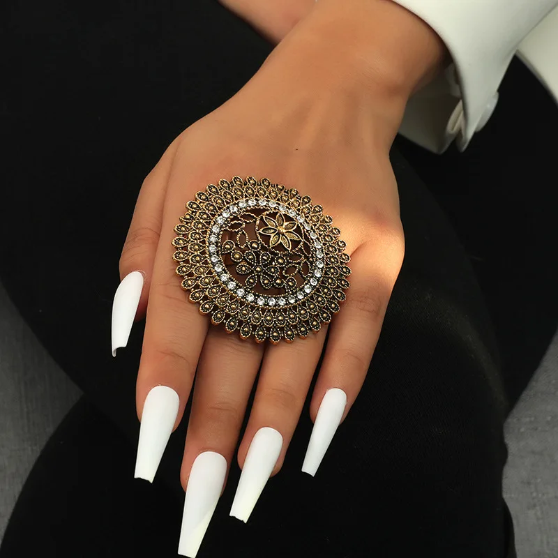 Indian Big Oxidized Silver Color Metal Rings for Women Boho Carved Flower Rhinestone Wedding Finger Ring Afghan Party Jewelry