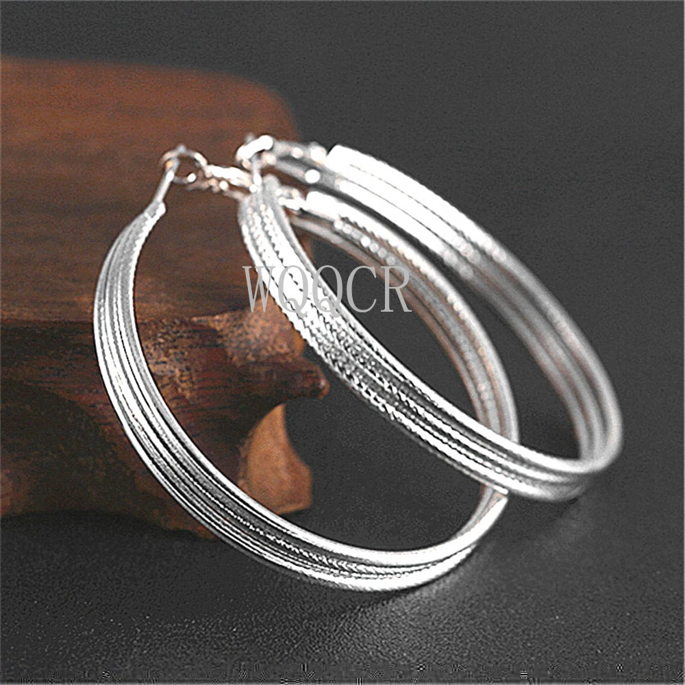 925 Sterling Silver Plated Thick Three-ring Frosted Round 50MM Earrings Classic Fashion Female Engagement Party Earrings Jewelry