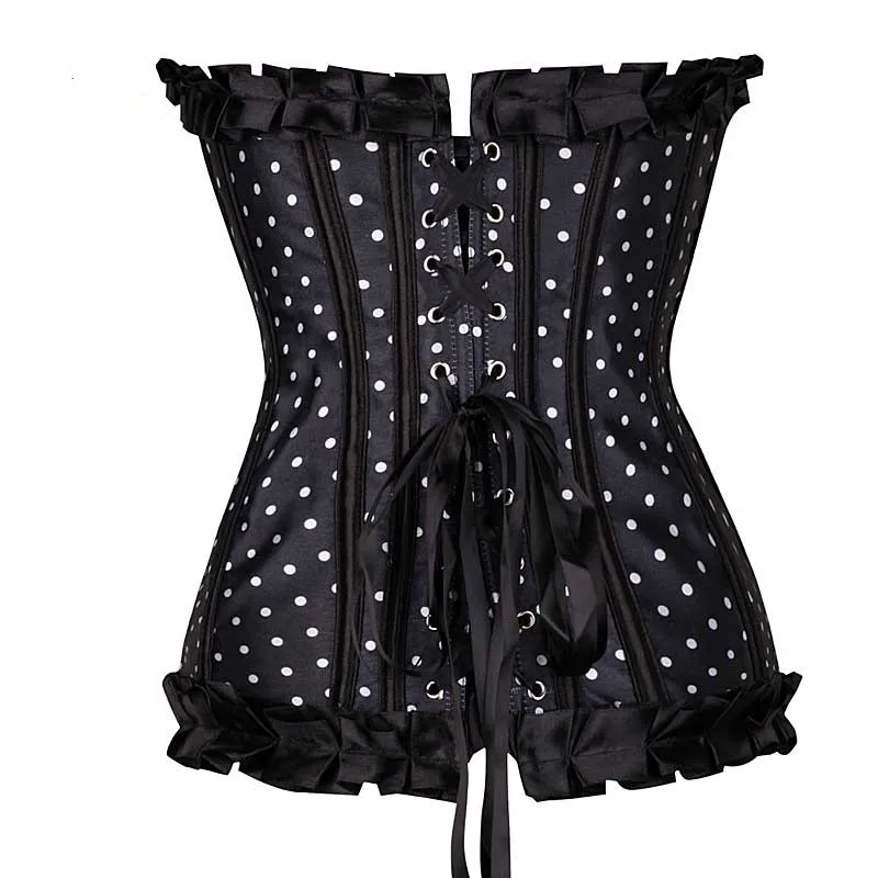 Pink Satin Polka Dot Burlesque Corset Sexy Front Buckle Overbust Lace Up Boned Corselet Women Slimming Waist Vintage Bustier Top