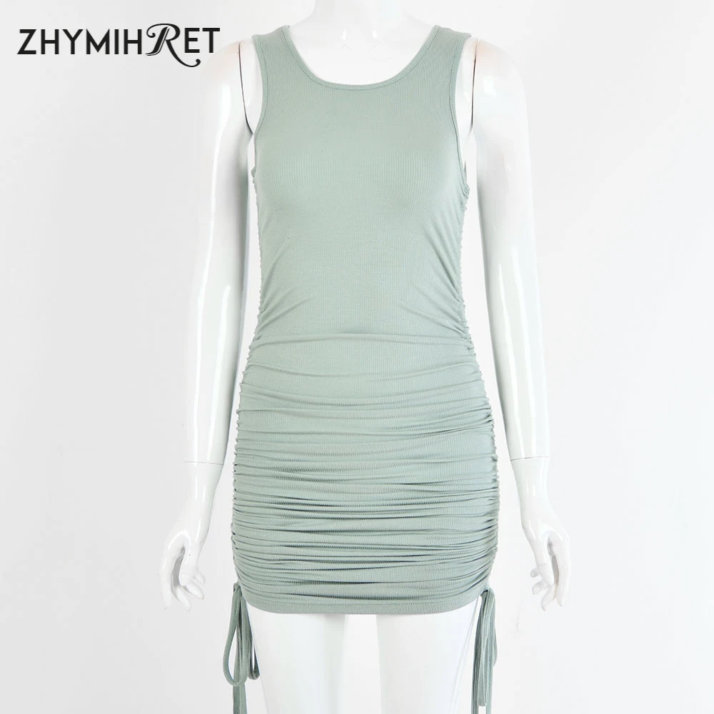 Zhymihret 2023 Zomer Jurk Met Ruches En Ruches Mouw Mini Bodycon Jurk Met Trekkoord Beach Festival Vestidos