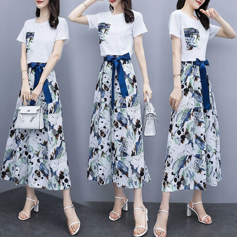 

Women's Casual Suit 2022 Summer New Korean Culottes Crop Top Shirt And Wide Leg Pants Two Piece Set For Women Plus Size Clothing