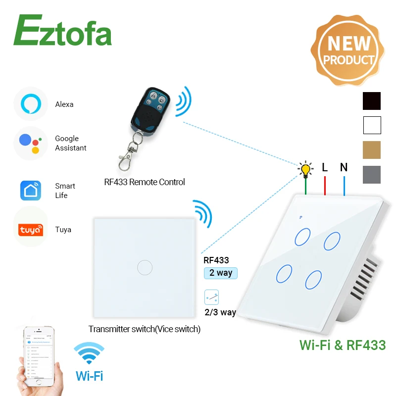 NEW WiFi Smart Light Switch RF433 Transmitter Switch Smart Life Tuya App Control Works with Alexa Google Home 2/3 Way