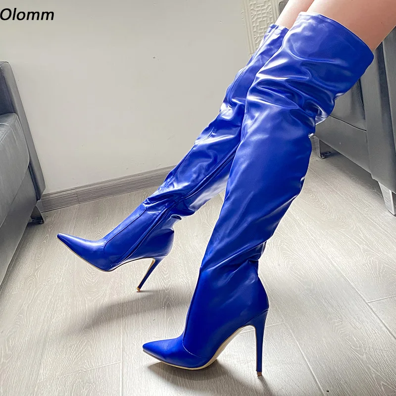 

Olomm 2021 Women Winter Thigh High Boots Side Zipper Stiletto Heels Pointed Toe Pretty Blue Cosplay Games Shoes US Size 5-15