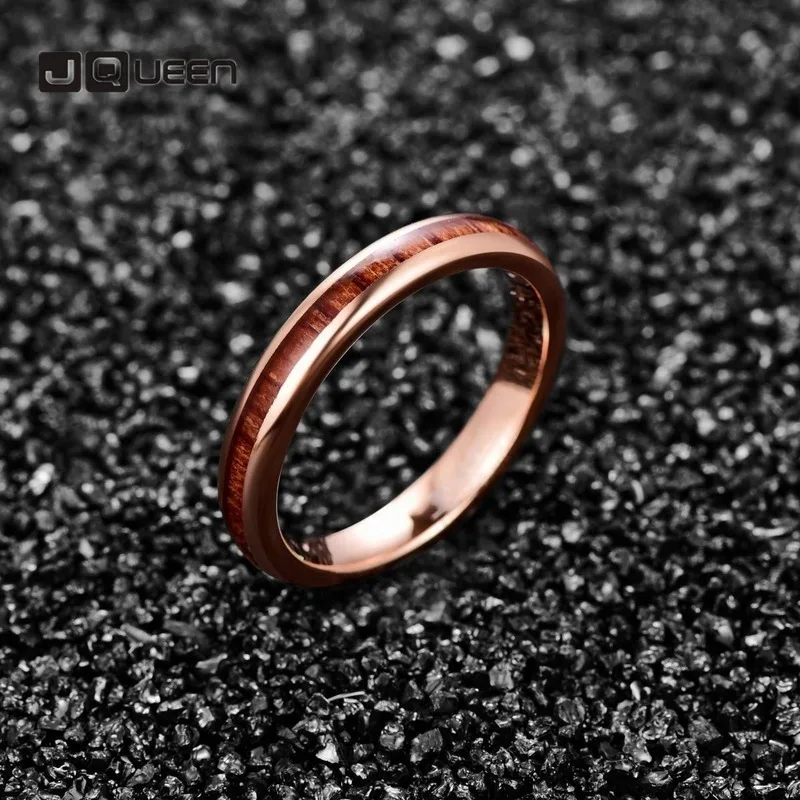 4mm Men's Tungsten Steel Carbide Ring Hawaiian Koa Wood Inlay Polished Finish Comfort Fit Rose Gold Ring Men Jewellery