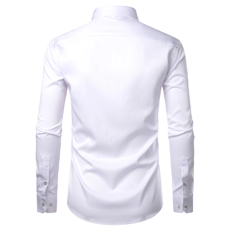 Camisa masculina de fibra de bambu branca, camisa casual slim fit sem rugas, camisa elástica de trabalho para casamento, cuidado fácil, não é de