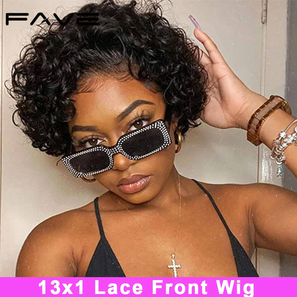 FAVE Short Curly Bob Wig 13*1Lace Front Human Hair Wigs Short Pixie Cut Wig Cheap Glueless Deep Water Wave Wigs For Black Women