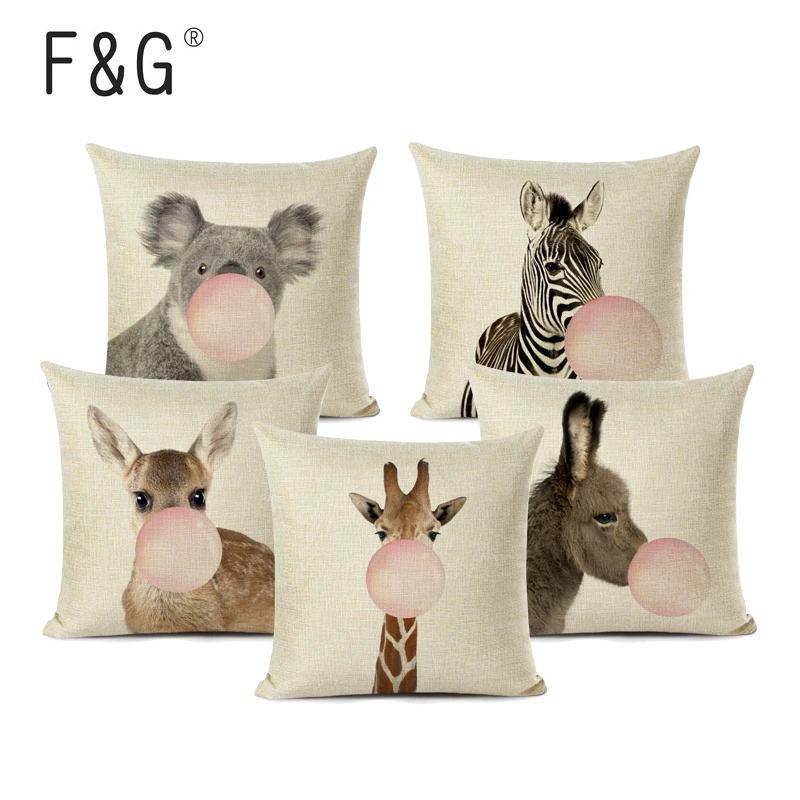 

Cute Animal Cushion Cover Zebra Koala Giraffe Rabbit Blowing Bubbles Decoration Pillow Case For Kids Bedroom Decor