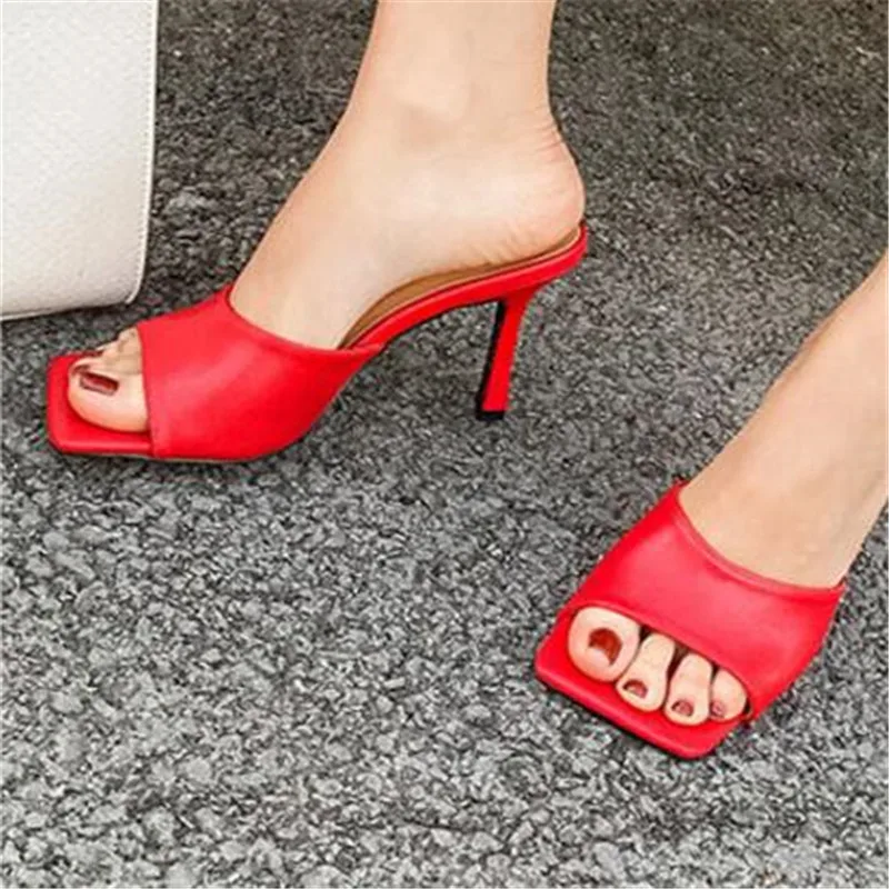 High Quality Soft Leather Casual Mules Thin High Heel Sandals Summer Women Square Toe Outdoor Slippers Dress Shoes