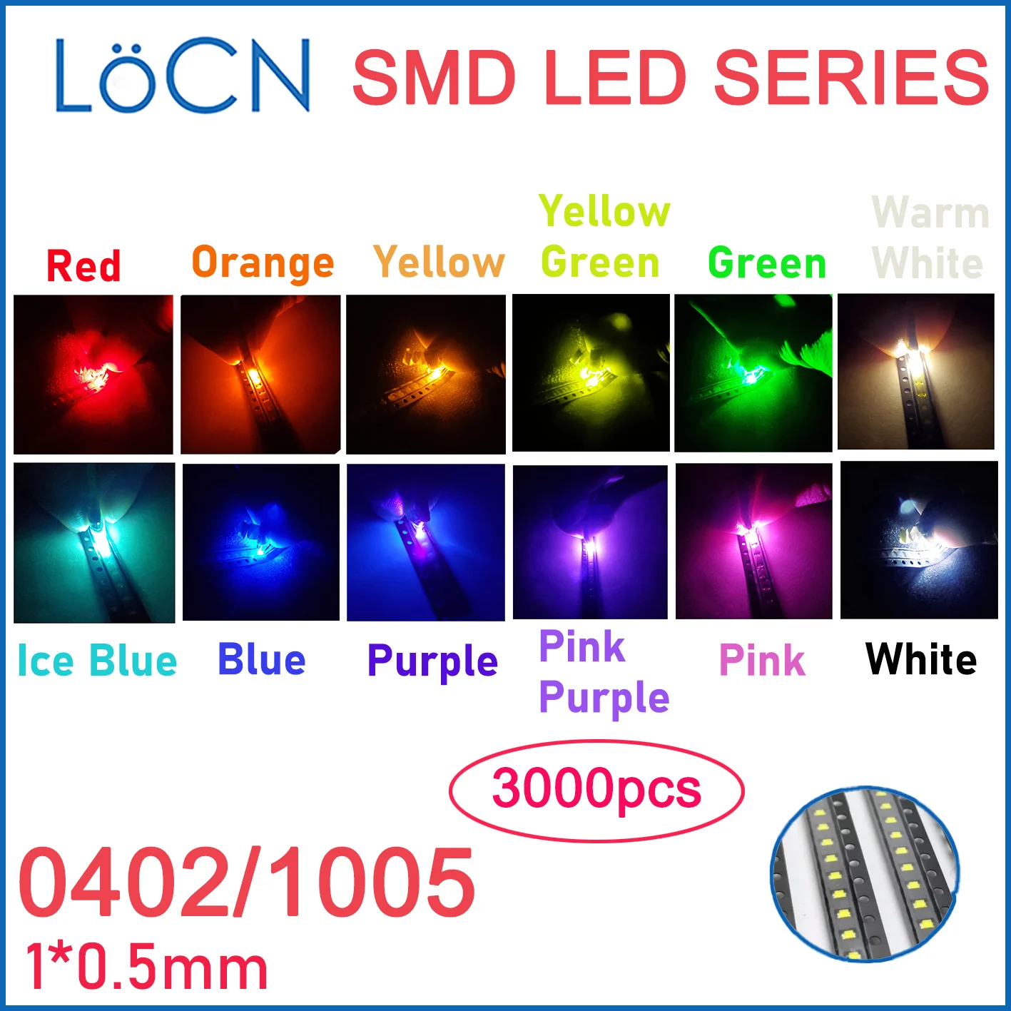 Smd led 3000 0402 vermelho branco rosa roxo azul amarelo vermelho laranja luz alta gelo branco quente jade verde puro e transparente com 1005 peças