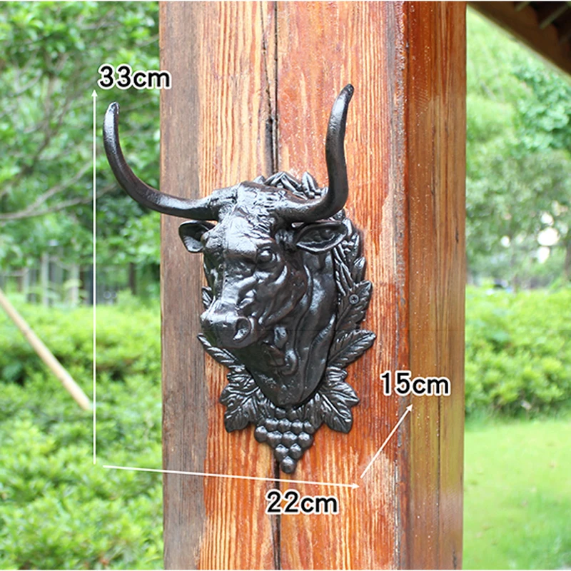 Antique Black Cast Iron Large Cattle Head With Screws For Coffee Bar Home Garden Decoration Wall Mounted Metal Big Bull Figurine