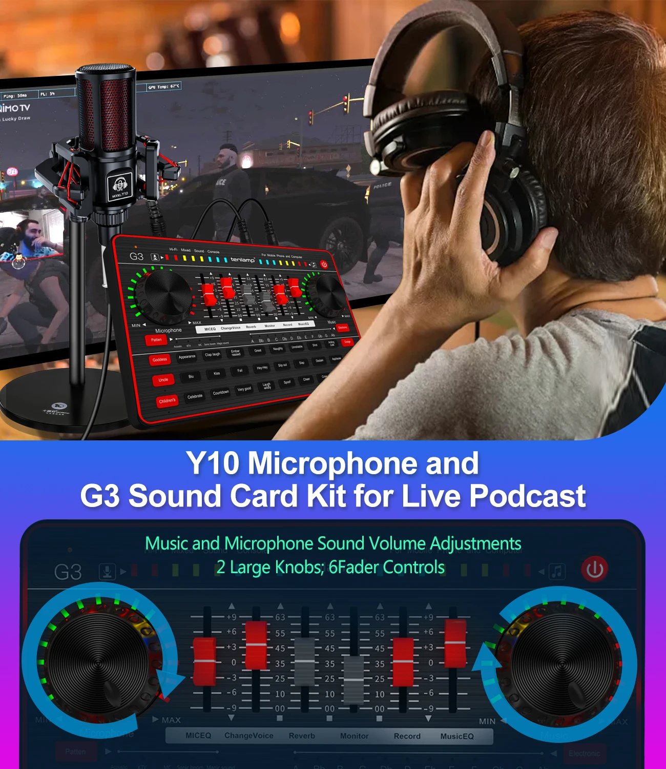 2022 tenlamp g3 placa de som y10 microfone conjunto profissional podcast condensador microfone para karaoke youtube estúdio gravação microfone