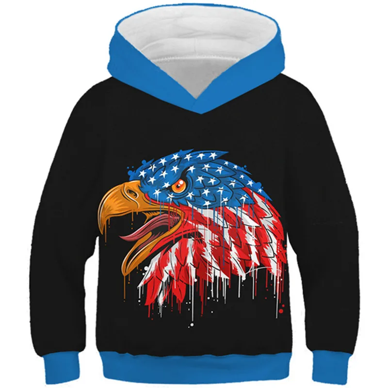 4-13Y Children 3D Hoodies USA Flag Animal Eagle Aircraft Dolphin Colorful Galaxy Print Boys Girls Sweatshirts Kids Pullover Tops