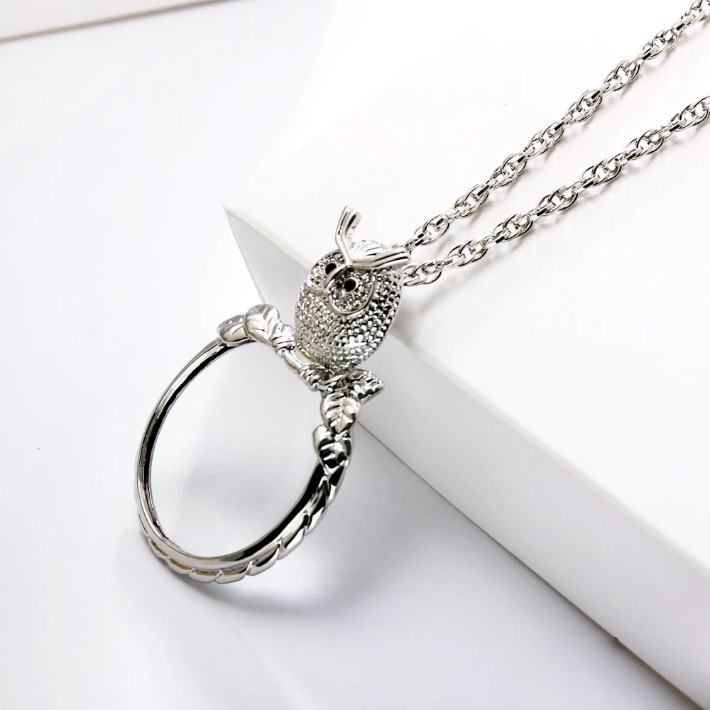 DreamCarnival1989 Women Sweater Necklace 40mm Big Glass Len Magnifying for Reading 65cm Long Chain Cute Owl Jewelry Gift P-0018