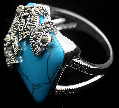 

925 Sterling Silver Blue Natural jade Marcasite 22X20mm Ring Size 7/8/9/10