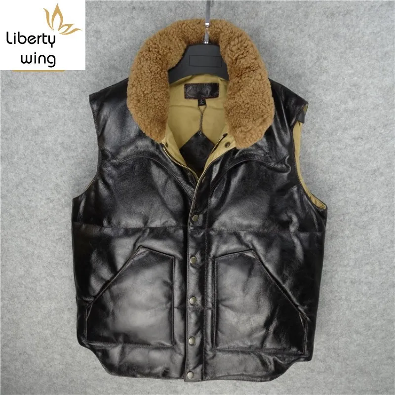 

Harajuku Men Winter Wool Collar 90% White Duck Down Sleeveless Jacket Biker Genuine Waistcoat Casual Leather Vest Coat