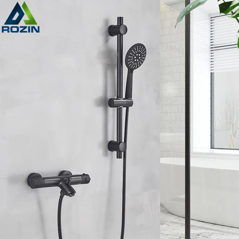 Rozin Matte Black Thermostatic Shower Faucet Wall Mounted Temperature adjustable Bathtub Mixer Tap With Handheld Bathroom Shower