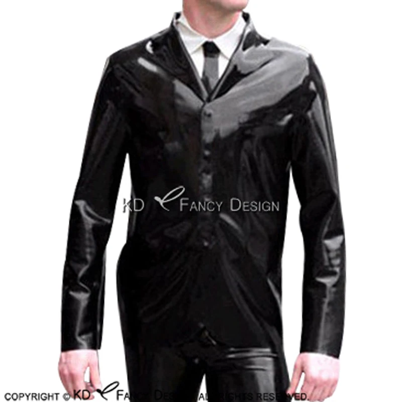 Black Sexy Latex Suit With Buttons At Front Turn Down Collar Rubber Jacket Coat Top Shirt YF-0156