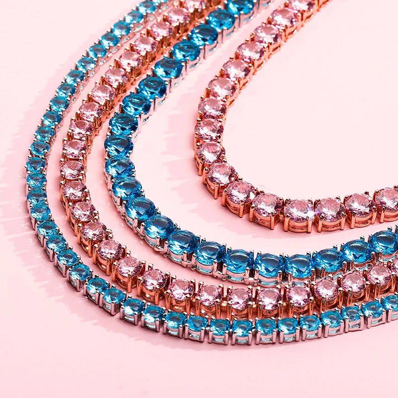 

3/4/5/6mm Hip Hop Bling Iced Out Pink Blue CZ Stone Tennis Chain Chokers Necklace for Women Men Unisex Fashion Jewelry