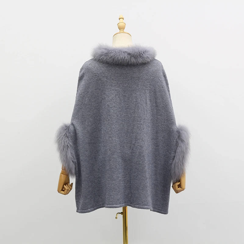 Autumn Women Knitted Poncho With Real Fox Fur Collar Cuff Fashion Casual Genuine Wool Warm Pullover Sweater Jumper Wholesale