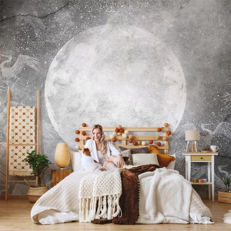 beibehang custom Modern minimalist moon crane oil painting wallpaper living room TV background wall paper national sofa 3D mural