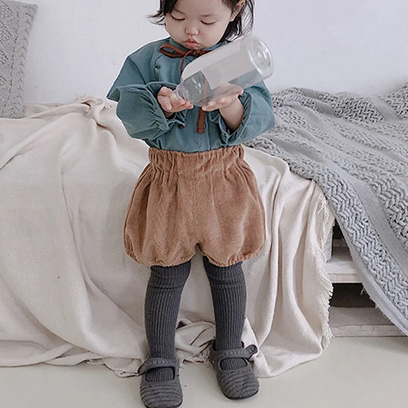 0-5T Autumn Winter Baby Girls Corduroy  Thicken Warm Loose Elastic Pants Shorts Solid Color Mid Waist Wild