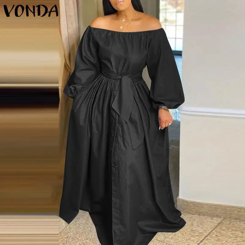 Elegant Off Shoulder Dress 2023 VONDA Spring Sundress Women Solid Color Long Maxi Dress Femme Casual Button Up Party Vestidos