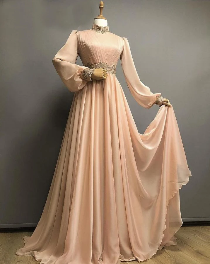 Muslim Prom Dresses 2021 Full Sleeve Evening Gowns High Neck Appliques A Line Formal Party Dress Arabia Dubai Robe