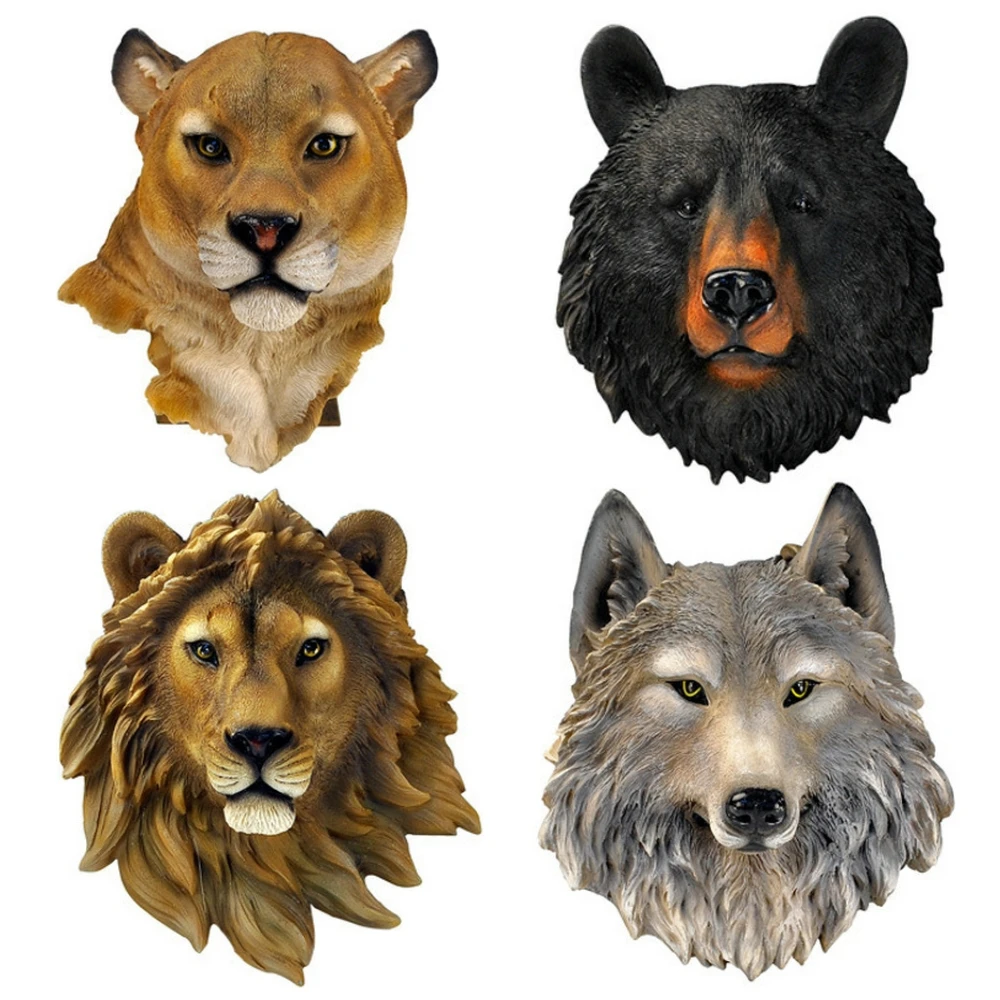 

3D Animal Head Wall Hanging Resin Decoration Wolf Leopard Lion Bear Mural Wildlife Sculpture Figurines Home Accessories