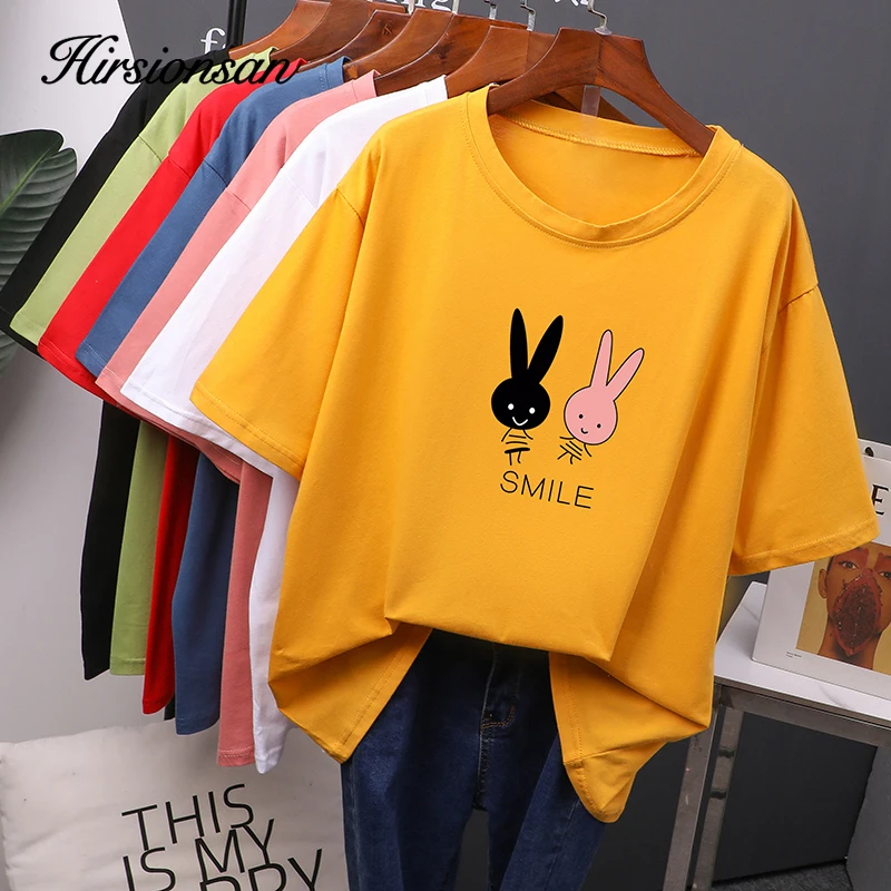 Hirsionsan Cartoon Printed Cotton T Shirt Women 2025 New Hot Korean Kawaii Short Sleeve Tshirts O Neck Tees Casual Girls Tops