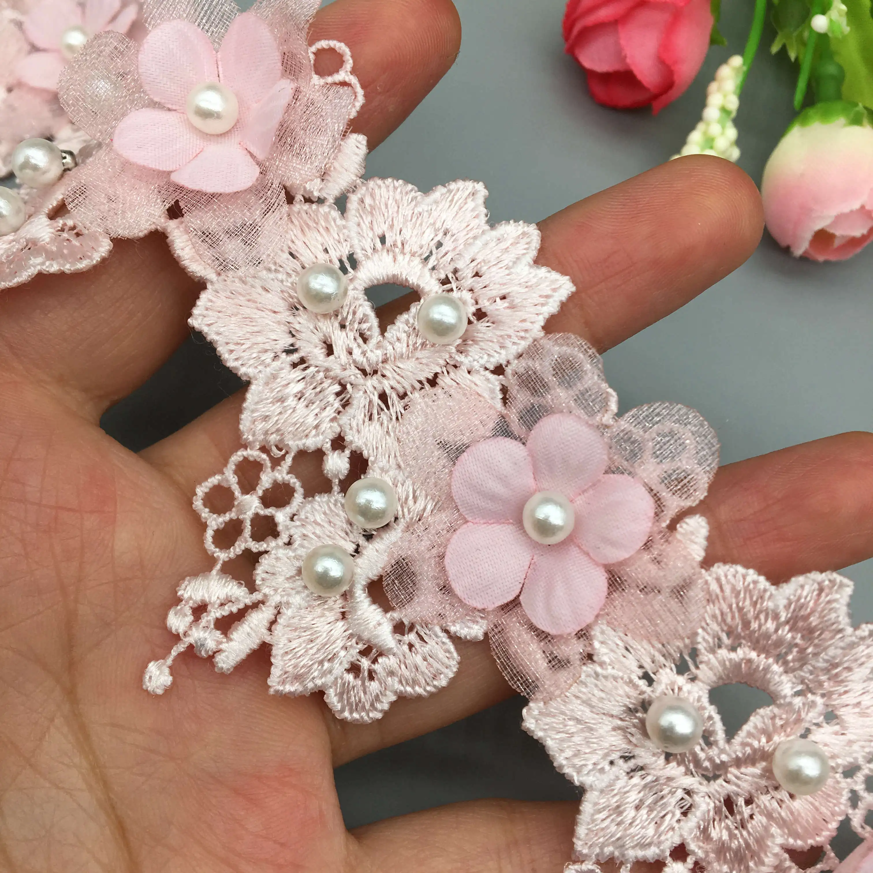 1 Yard 3D Flower Pearl Lace Trim Embroidered  Lace Ribbon Fabric Handmade Beaded Sewing Craft For Costume Hat Decoration 5cm