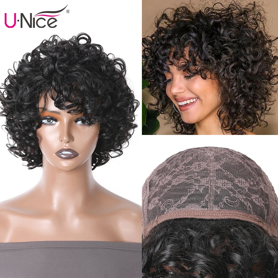 Unice Hair Brazilian Fluffy Curly Human Hair Wig Black Bouncy Curl Hair Wig with Bang Glueless Wig for Women Pixie Cut Wig