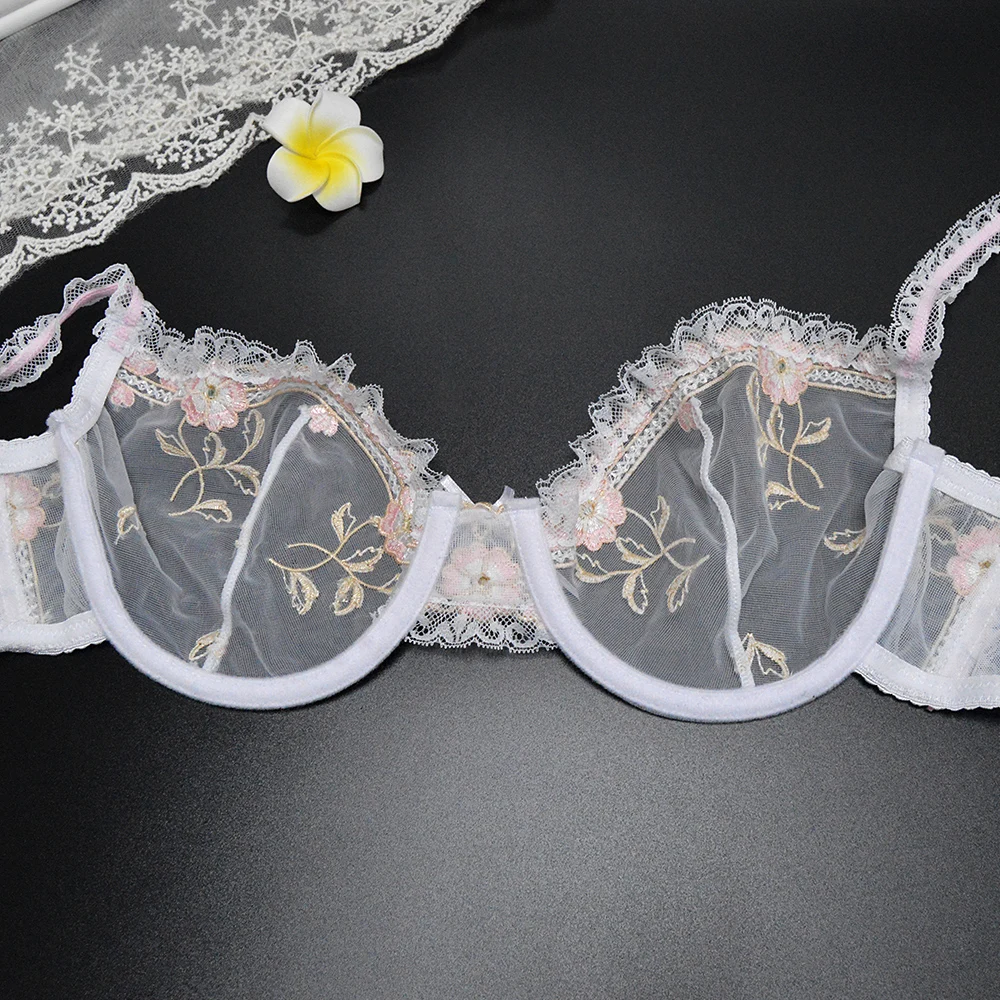 YANDW New sexy women bra floral lace embroidery transparent ultra thin 70 75 80 85 90 95 100 A B C D E F EU US UK Size Standard