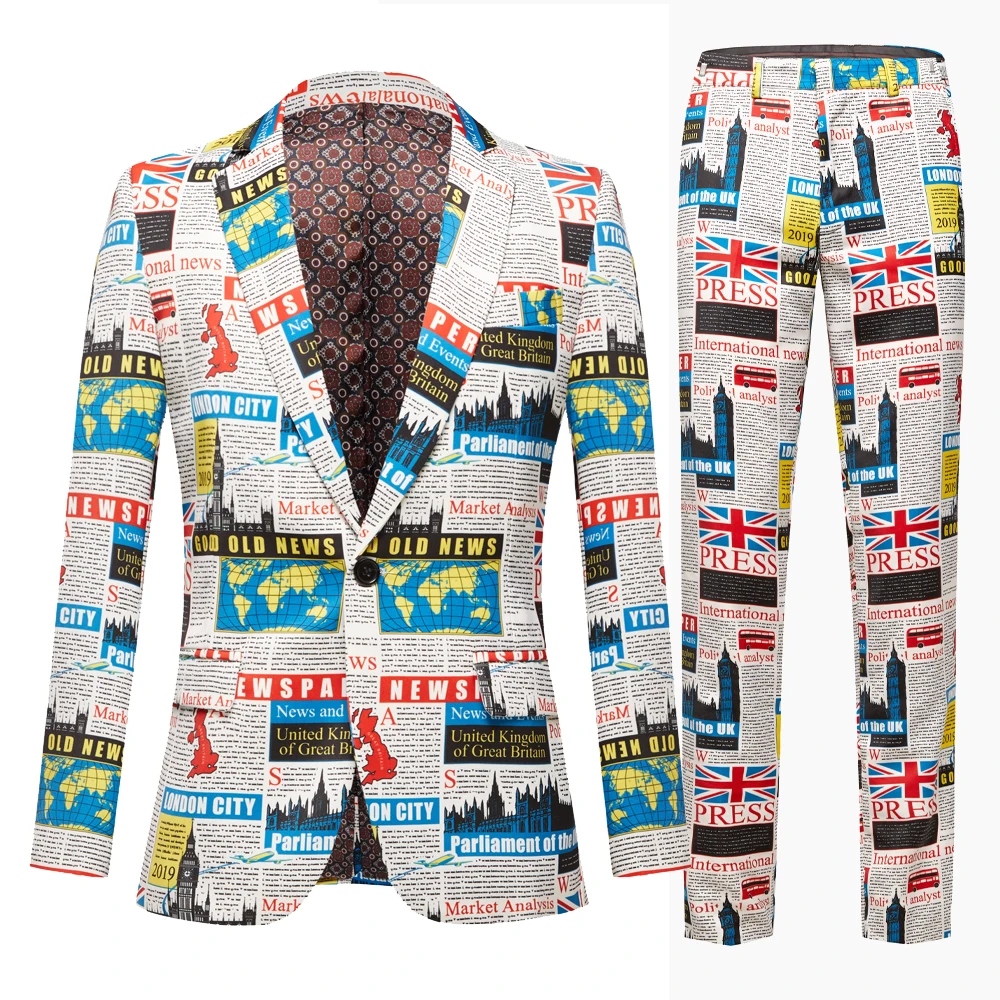 

Men’s New Fashion Print Blazer Set 2 piece Suits(Blazers + Pants) For Mens Suits Man Slim Fit Print Suits Set Newspaper