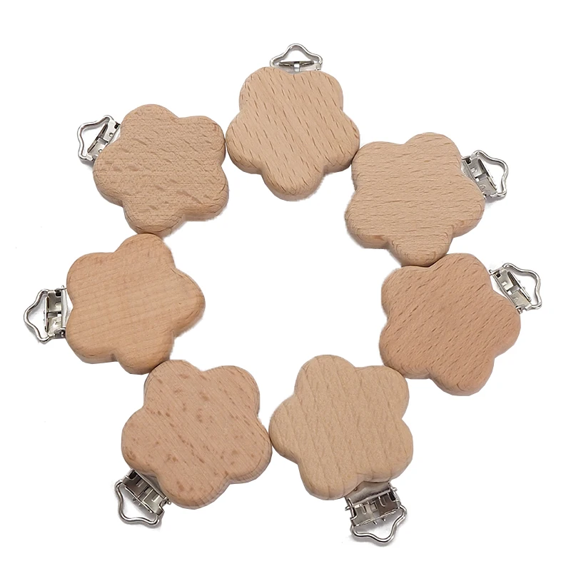 Chenkai 50PCS Wood Flower Pacifier Clip Nature Baby Rattle Teether Grasping Toy DIY Organic Eco-friendly Wood Teething Accessory