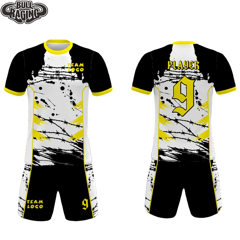 

inkjet black yellow design full sublimation prinitng sportswear make custom football uniforms
