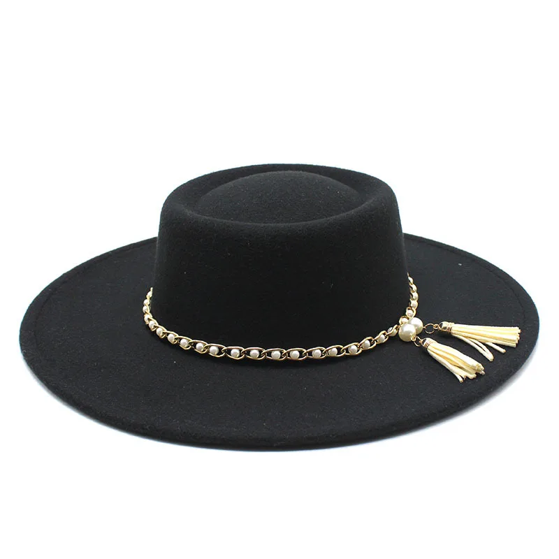 Summer Simple Dome Solid Color Wool Felt Jazz Fedora Hats with Pearl Chain Men Women Wide Brim Panama Trilby Cap Autumn winter