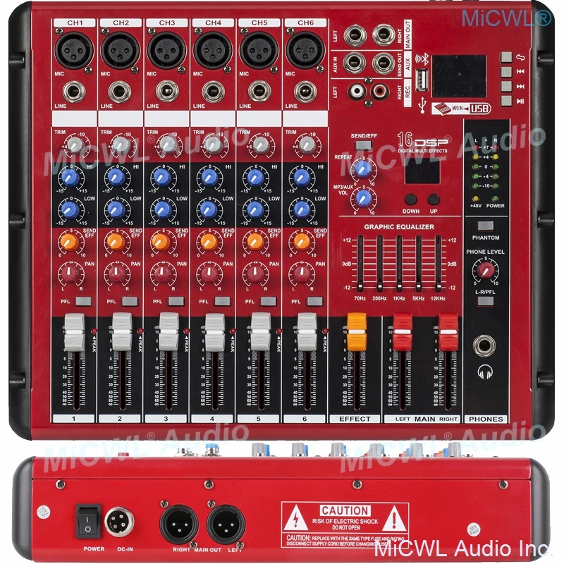 

Red 6 Channel Bluetooth Audio Mixer Sound Mixing Console Karaoke Music LED DJ Live Mixer USB MP3 EQ 48V Phantom Power XLR 3Pin