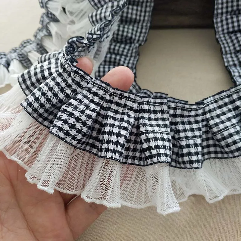 Cute Little Black Plaid Nastro di Garza Sgualcita Del Merletto di DIY Vestiti per Le Bambole Gonna Collo Polsini A Righe Della Fascia Accessori di